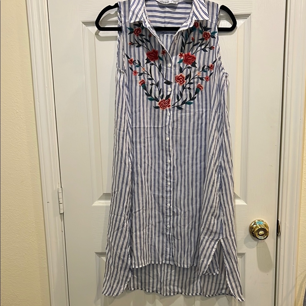 Zara Blue and White Striped Dress with Red Floral Embroidery
